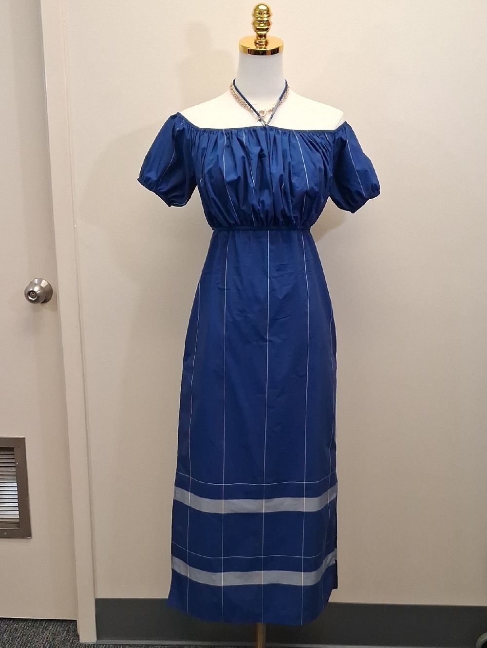 EDUN Off Shoulder Maxi Dress Blue Striped Flowy Pockets Size 0